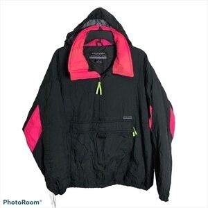 Vintage Nylon Windbreaker Jacket Packable Hood Medium Black Neon Bright Pink